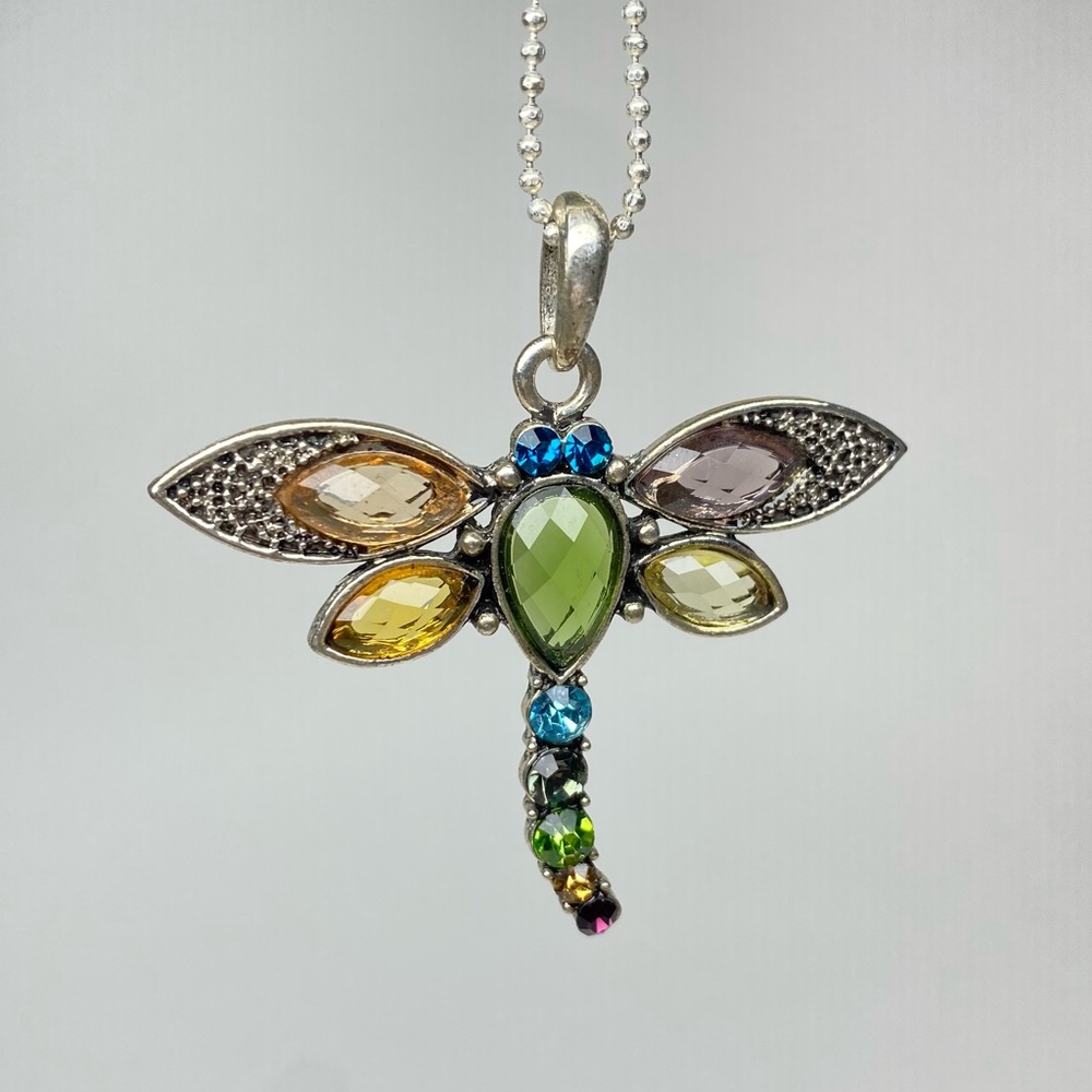 Colorful Rhinestone Dragonfly Silver Necklace